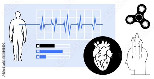 Health concept. Health ed by heart diagram, ECG wave, data visualizations, and brain with activity symbols. Health for fitness tracking, cardiology tools, wellness apps, medical education healthcare