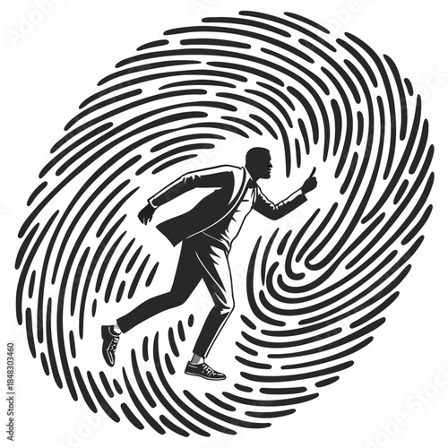 Businessman running inside a swirling fingerprint pattern silhouette suit