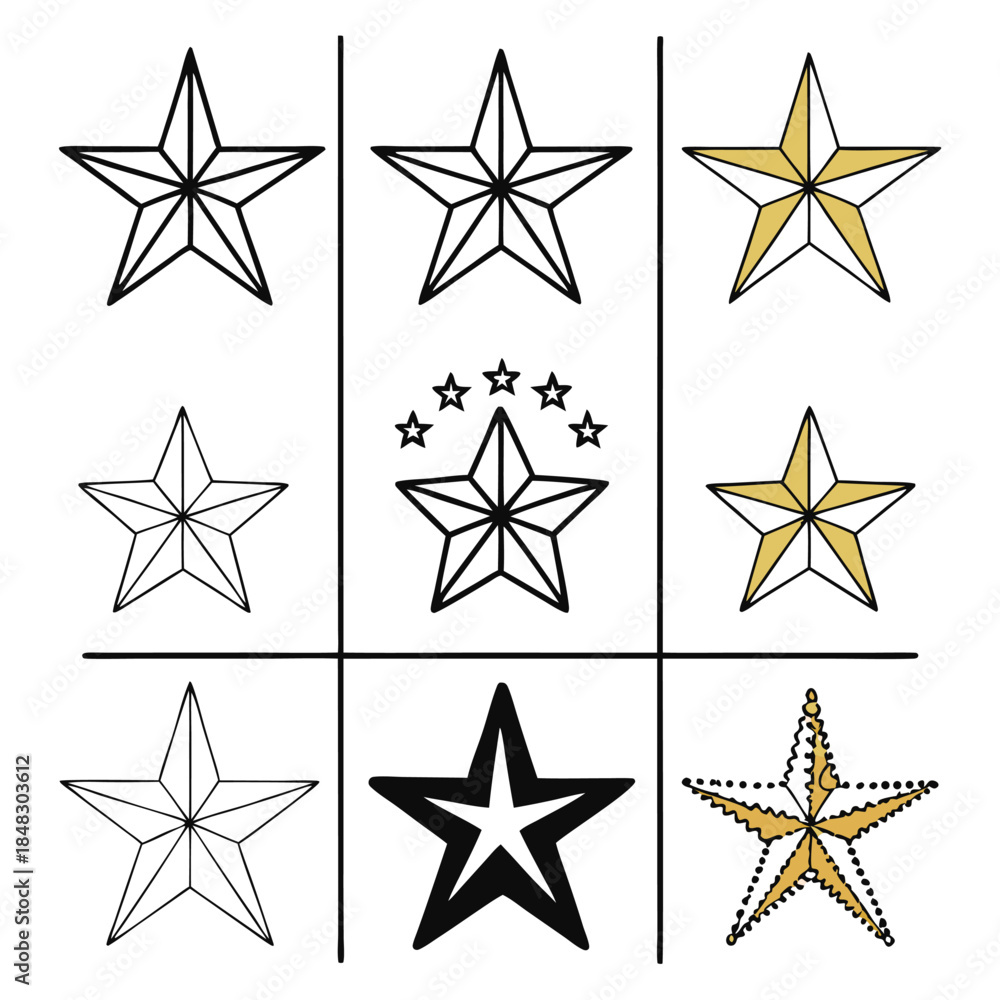 Obraz premium Grid of Nine Star Illustrations in Black Outline and Gold Fill Variations stars