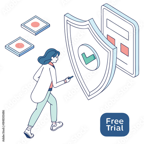 Isometric illustration of a person looking at a tablet with a shield icon and a " Free Trial" button