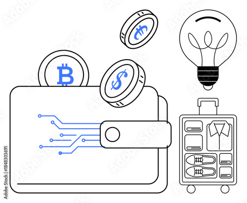 Cryptocurrency transactions, digital payments, innovation, travel planning, economy, blockchain. Digital wallet, currencies suitcase and lightbulb. Cryptocurrency transactions and innovation
