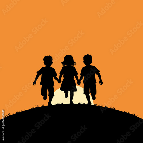 Three Children Running Hand-in-Hand Silhouette on Hilltop at Sunset or Sunrise, Symbolizing Friendship and Hope