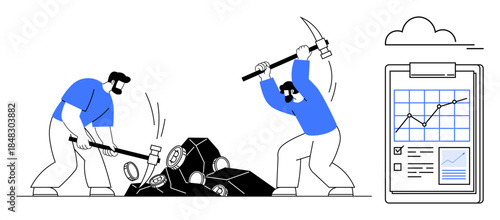 Mining, business growth, data analytics, industrial labor, economic analysis, resource management. Workers are mining rocks with tools near a clipboard a graph. Mining and business growth concepts
