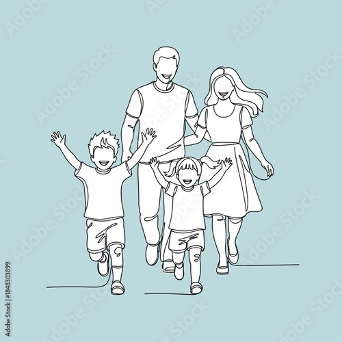 Happy Family Running Together - Continuous One Line Art Illustration of Joyful Parents and Children on a Serene Blue Background, Symbolizing Love a...