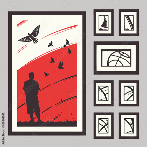Silhouette of a man looking at flying birds against a red and cream background with framed artwork Keywords: man silhouette, flying birds, flock of birds, freedom, hope, aspiration, dreams, nature