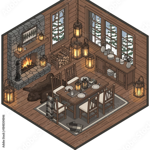 Cozy rustic cabin interior with fireplace, wooden furniture and warm lighting for a homely