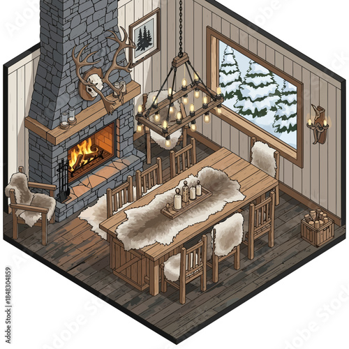 Cozy rustic cabin interior with stone fireplace and festive holiday decor