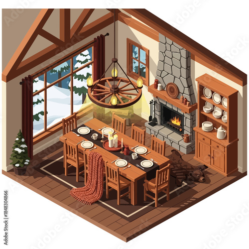 Cozy rustic dining room decorated for winter with a large table set for dinner and a stone