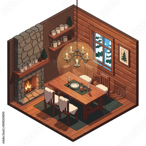 cozy rustic dining room in cabin with wooden walls and stone fireplace