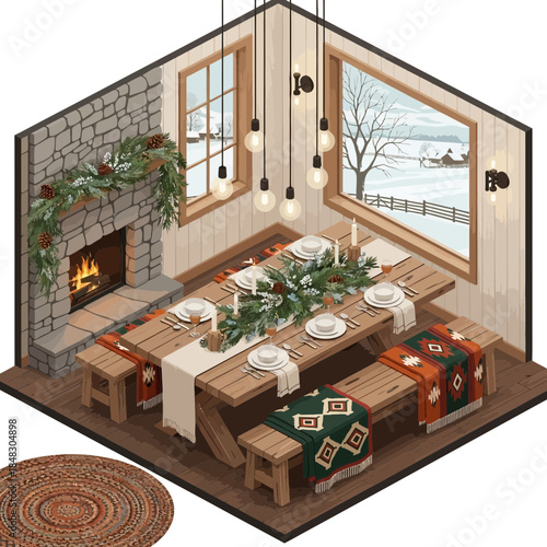 cozy rustic dining room setup with stone fireplace and wooden furniture for family gatherings