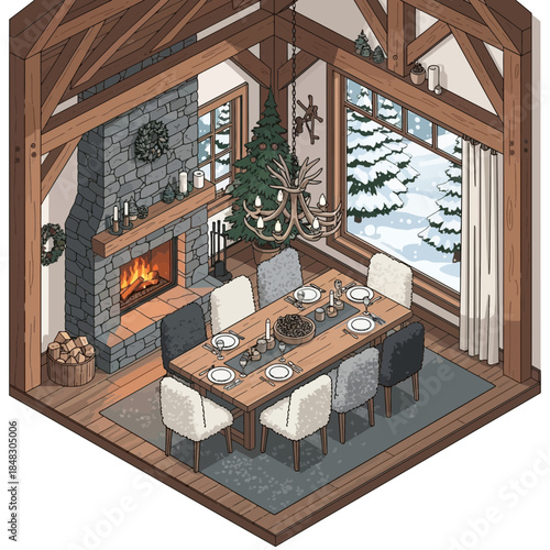Cozy winter dining room decorated with festive holiday elements and a roaring fireplace