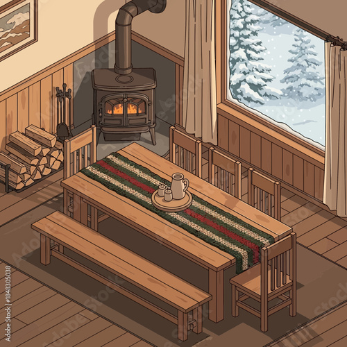 Cozy winter interior scene with a wooden dining table and a view of snowy landscape through the