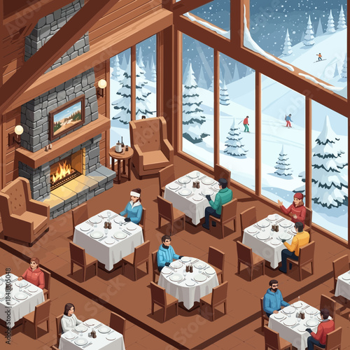 Cozy winter scene inside a warm mountain lodge with guests enjoying dinner