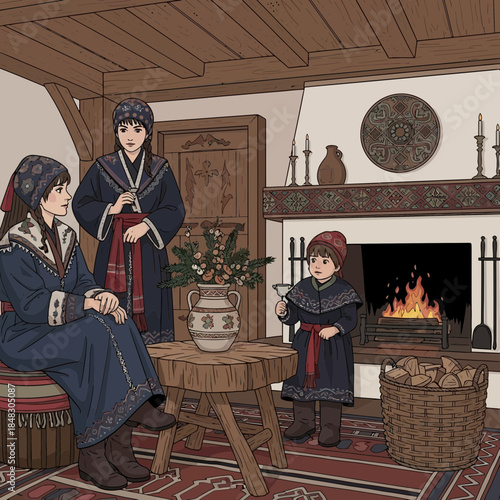 Historical depiction of a traditional Japanese family scene in a cozy living room with fireplace