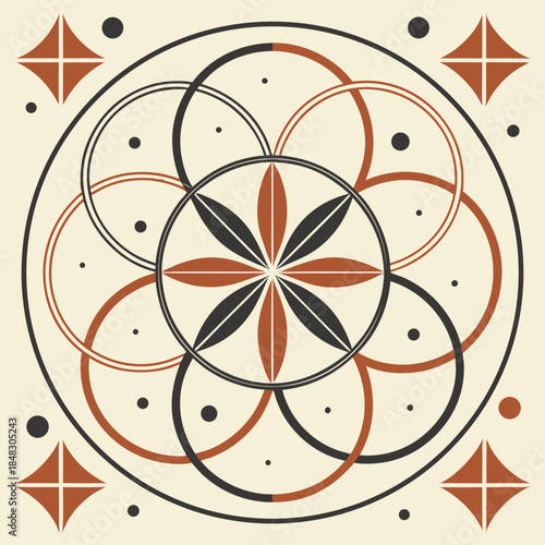 Geometric Mandala With Interlocking Circles And Flower Motif pattern circular