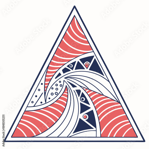 Geometric abstract triangle with red blue and white patterns Keywords: triangle, geometric, abstract, pattern, design, art, illustration, shape
