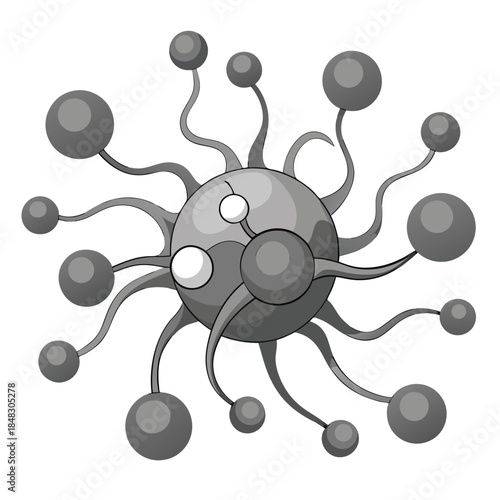 Gray abstract virus or microbe with multiple tentacles and spheres science biology