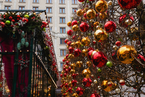 Town decorated for New Year 2026. Christmas in the city concept. Selective soft focus