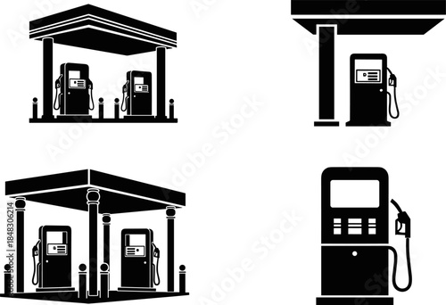 Black and white silhouette vector icon set of different gas pumps and petrol station canopies, depicting vehicle refueling, automotive service, infrastructure, and energy supply graphics.