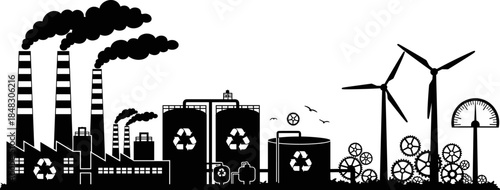 Black and white silhouette vector banner contrasting polluting smokestack factories with clean wind turbines, gears, and recycling tanks, depicting environmental choice and sustainable energy.