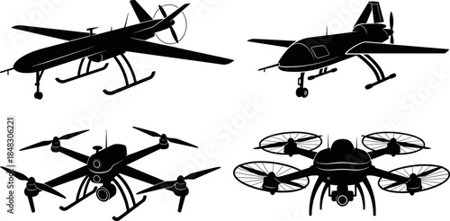 Black and white silhouette vector icon set of various unmanned aerial vehicles (UAVs), including fixed-wing drones and multi-rotor quadcopters for aerial photography and military surveillance.