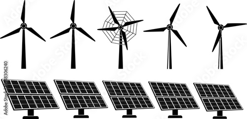 Black and white silhouette vector icon set of wind turbines and solar panels, depicting clean energy generation, renewable power source, eco-friendly technology, and sustainable electricity solutions.