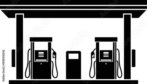 Black and white silhouette vector illustration of a gas station with fuel pumps and canopy, depicting vehicle refueling, transport infrastructure, energy supply, and automotive service.
