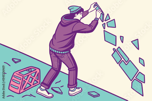 Person carefully arranges shattered pieces into an abstract wall art design