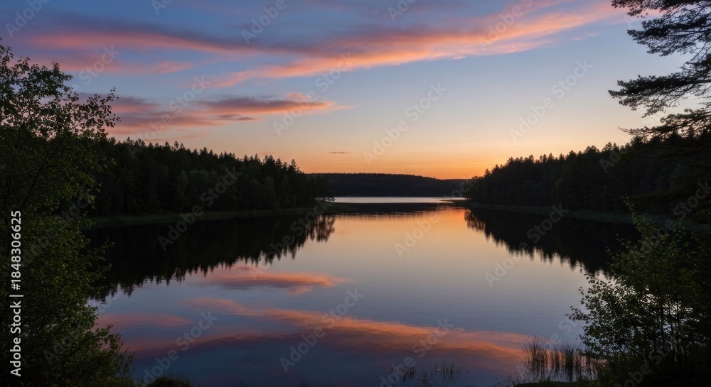 Fototapeta premium Serene lake at sunset, mirrored skies. Silhouetted trees frame tranquil water