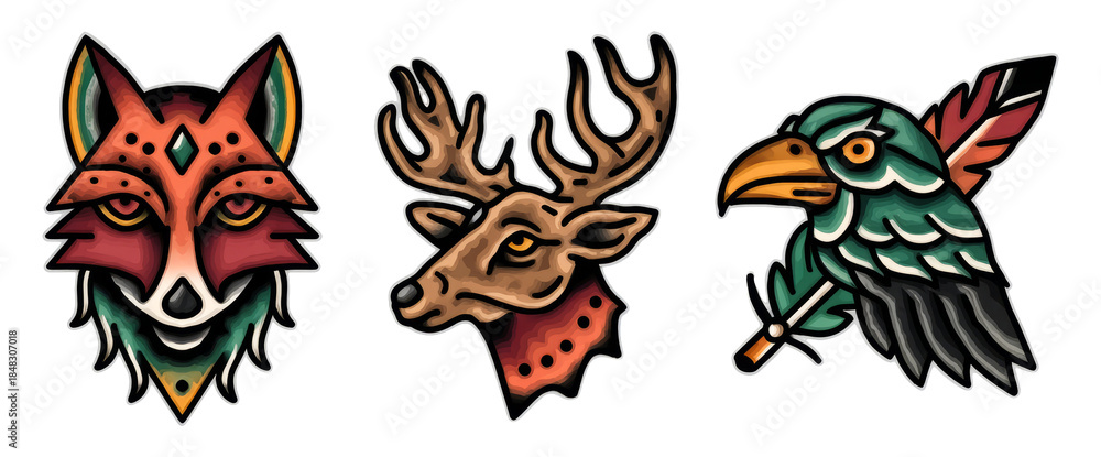 Naklejka premium Mythical Creatures Trio in Bold Line Illustration Featuring Fox, Deer, and Bird