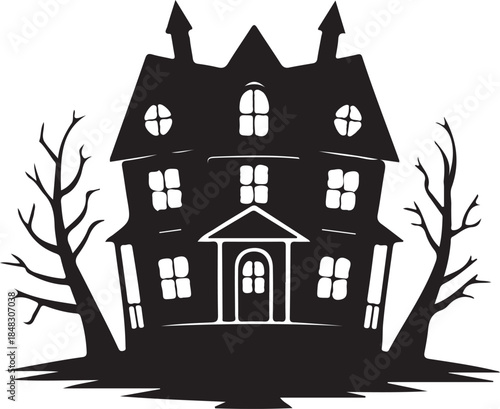Black and white silhouette of a haunted house with bare trees in front spooky 1
