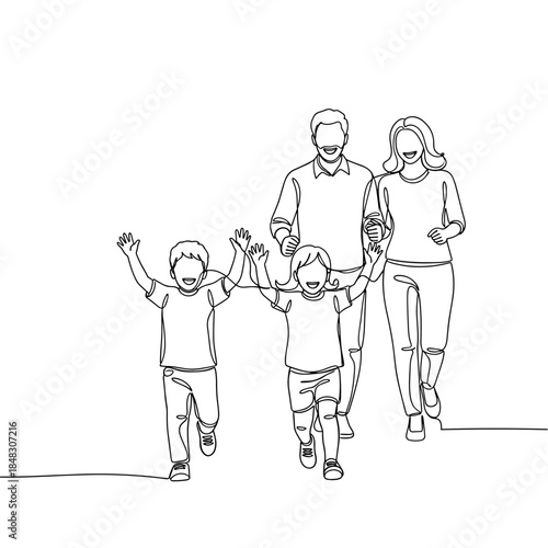 Continuous line art drawing of a joyful family running forward, parents and children together, minimalist illustration.