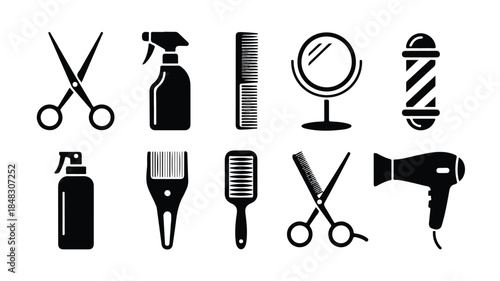 A set of black and white minimalist icons of barbershop and hairdressing tools arranged in two rows.