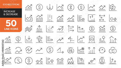 A set of 50 line icon illustrations arranged in a grid format, showing various financial and data visualization symbols 