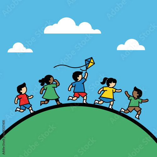 Joyful diverse children running up a green hill, flying a kite under a blue sky. Kids playing outdoors, summer fun.