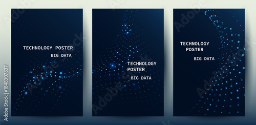 Big data technology poster set with Blue wave particle glowing and data visualization