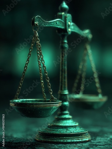 3D green chrome metallic scales of justice with hyper-realistic details and soft diffused lighting, dark green minimalist background emphasizing depth, realism, and balance