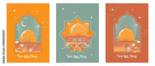 Stylized Islamic poster illustration featuring Al-Aqsa Mosque dome, crescent moon, stars, and floral accents, celebrating Isra and Mi'raj,  for religious greetings, posters, and social media design
