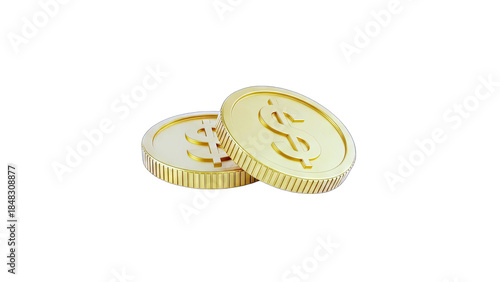 Golden Dollar Coins on White Background