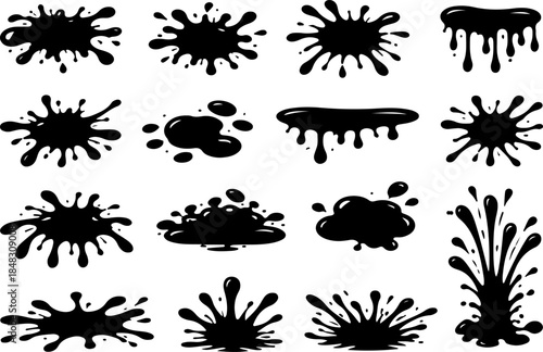 collection of black ink splatters and splashes on white background, versatile liquid stain shapes for graphic design projects and artistic effects