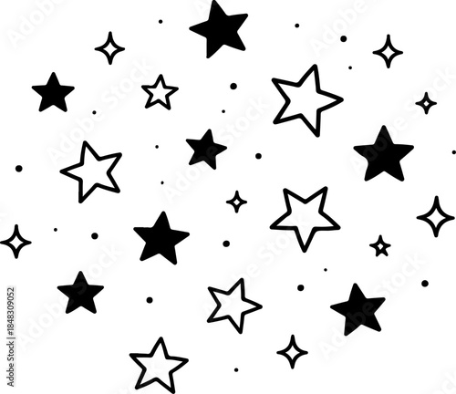 Hand drawn scattered stars and dots doodle, black and white artistic element perfect for celestial or decorative backgrounds