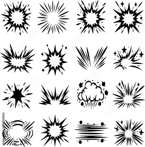 Set of 16 comic book explosion effects and speed lines, graphic black and white elements perfect for cartoon and manga designs