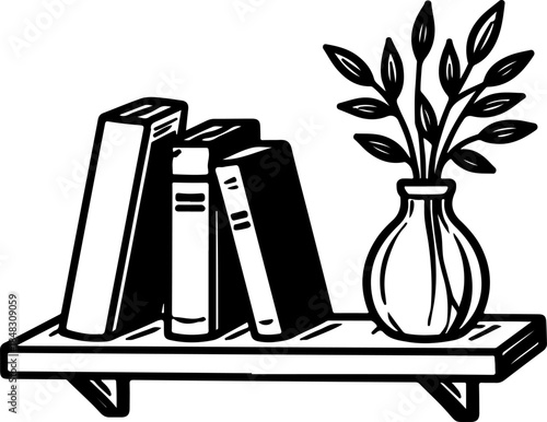 Books on a shelf with a vase of greenery, representing knowledge, reading, home decor, and study, isolated on white