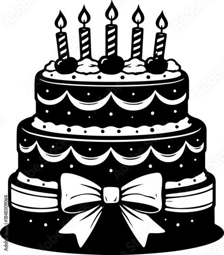 Two tiered birthday cake with five candles, cherries, and bow, symbolizing celebration, party, and festive occasions