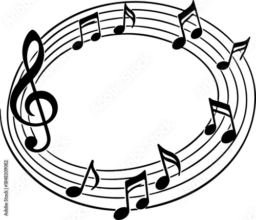 Music notes and treble clef forming an oval frame design musical stave elements in black and white composition simple elegant vector