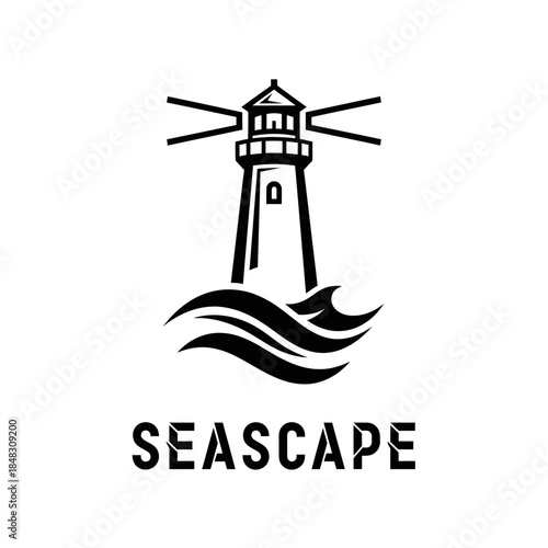 Lighthouse with waves logo design for seascape brand.