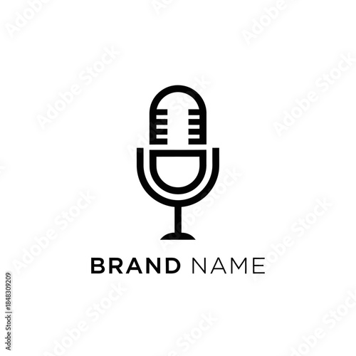 Minimalist black outline microphone logo design for audio brand.