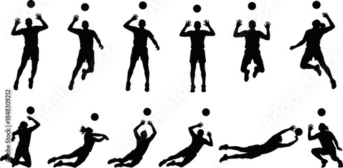 Black and white silhouette vector set of volleyball players jumping, spiking, blocking, and diving, depicting dynamic action, team sport, athletic competition, and competitive game icons.