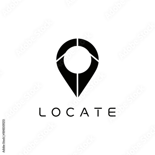Minimalist black location pin icon with LOCATE text, representing navigation and pinpointing places.