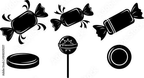 Black and white silhouette vector set of various sweet candies, including wrapped sweets, lollipop, and round hard candy for confectionery, sugar, and dessert icons.
